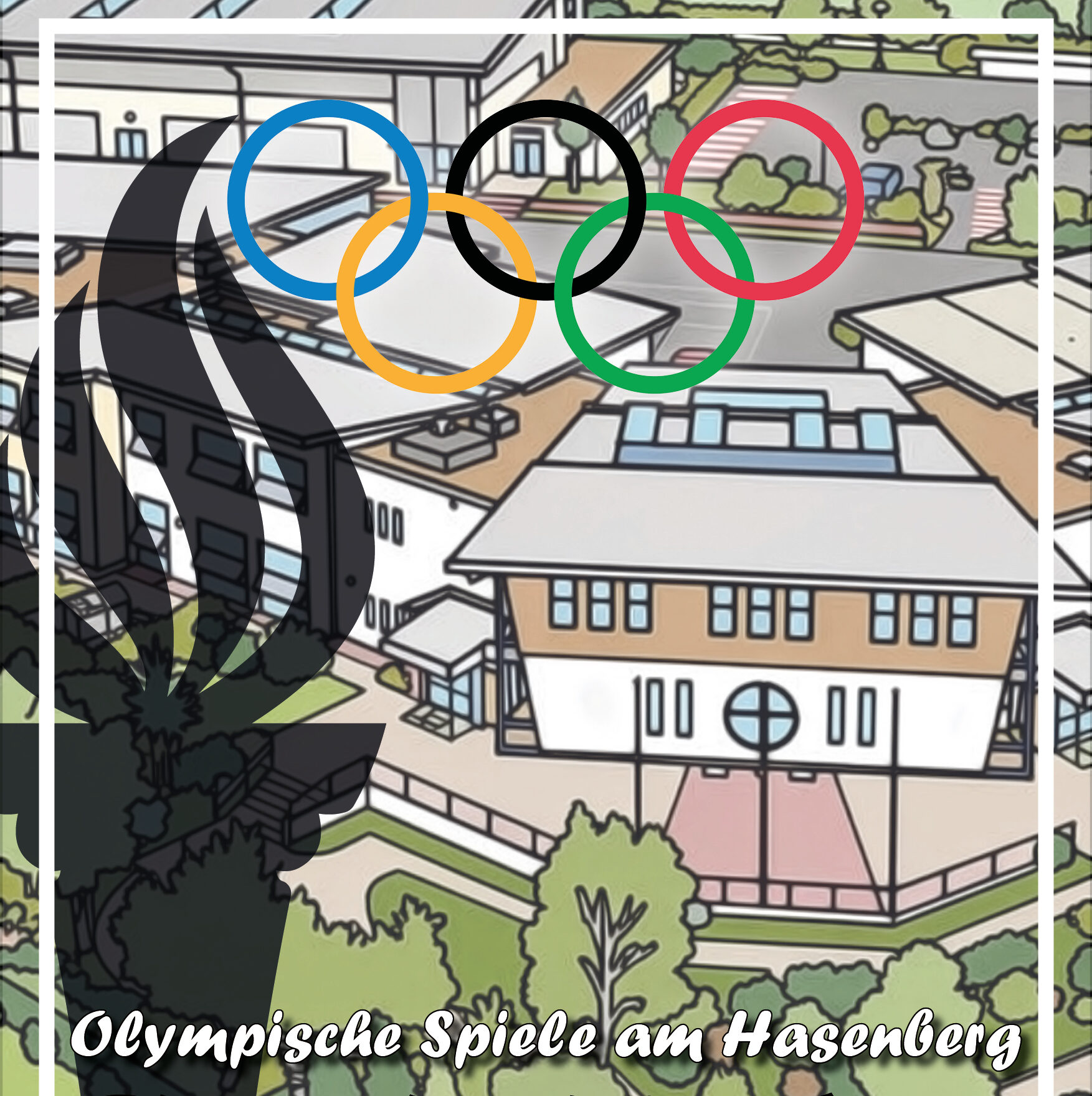 Plakat zum Schulfest 2026 der Grundschule am Hasenberg. Titel: Olympische Spiele am Hasenberg - Gemeinsam Gewinnt! Findet statt am 29. Mai 2026 um 15:30 Uhr. Das Bild zeigt die 5 olympischen Ringe und eine schwarze, halbtransparente Fackel vor einer Cartoonversion des Schulgebäudes.